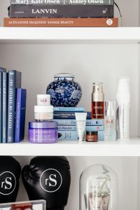 blue purple shelf decor